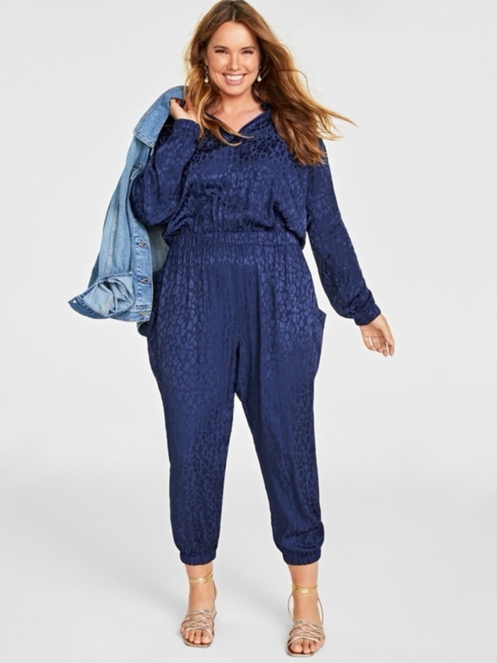 NWOT On 34th Plus Size Animal-Print Jacquard Jumpsuit 0X Blue